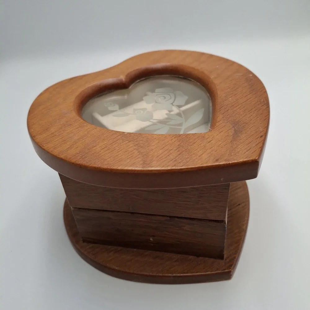 Vintage Jewelry Box Wood Heart Shaped Two Tier Swivel Glass Etched Floral Top